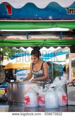 Samut Sakorn, Thailand - February 15, 2020 : Unidentified Asian Sexy Woman Chef Cooking A Noodle Sou