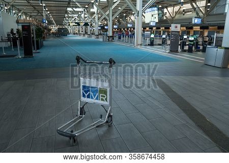 Richmond, Bc, Canada - Mar 29, 2020: Luggage Cart In The International Departures Area Of Yvr That I