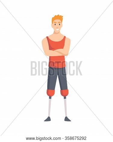 Young Guy With Prosthetic Both Legs. Man Prosthetic Foots, Sportsman With Amputation, Disability Per