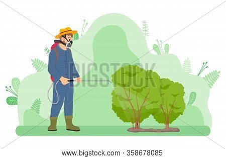 Plants And Gardening, Gardener Fertilizes Or Treats Bushes From Insects In Uniform Vector. Guy In Ma