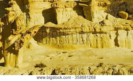 The Enchanted City Of Bolnuevo, Eroded Yellow Sandstone Formations, Murcia Spain. Tourist Attraction