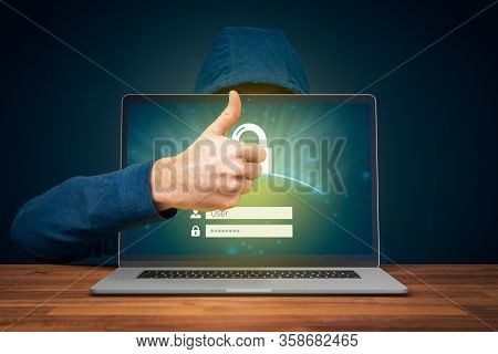 Notebook Password Protection By Antivirus And Cyber Security Concept. Hacker With Positive Gesture W