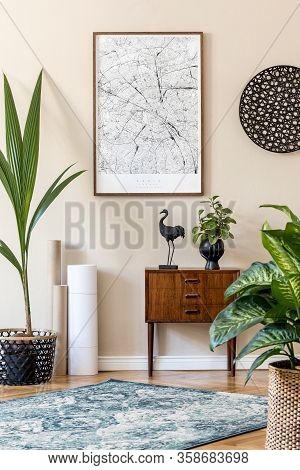 Design Scandinavian Home Interior Of Living Room With Mock Up Poster Map, Stylish Wooden Commode And