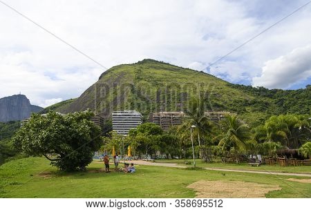 Rio De Janeiro, Brasil-  February 27, 2020: Rodrigo De Freitas Lagoon. Cantagalo Park. Citizens Walk