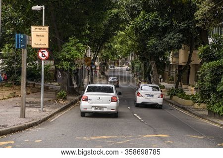 Rio De Janeiro, Brasil-  February 27, 2020: Rua Miguel Lemos. Moving Transport And Citizen