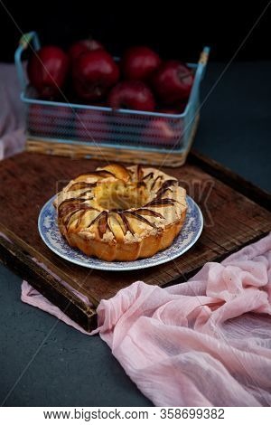 Round Apple Pie. Homemade Pastries. Cupcake With Apples On A Wooden Table. Simple Food.