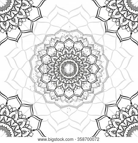 Vector Seamless Ornamental White Background With A Thin Black Oriental Pattern. Pattern With Mandala
