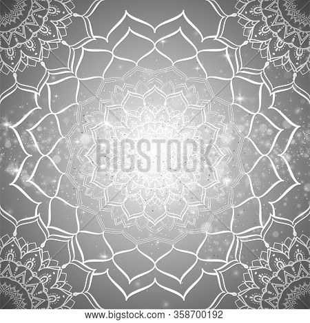 Vector Seamless Ornamental White Background With A Thin Black Oriental Pattern. Pattern With Mandala