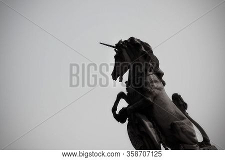 London, Uk. March, 2016: Statue Of The Mythical Creature The Scottish Unicorn With Shield And Scotti