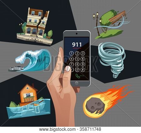 Emergency Cataclysms Set With Phone. Windstorm, Hurricane, Earthquake, Waterflood, Meteorite