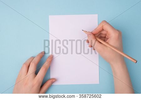 Writing Application Form Or Resume Cv. Pov First Person Top Above Overhead Closeup View Photo Of Han