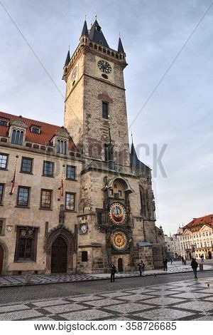 Prague, Czech Republic-17 Of March 2020:
Astronomical Clock At The Old Town Square During Quarantine