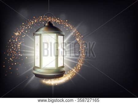 Banner Template For Ramadan With Antic Lantern, Realistic Vector Illustration.