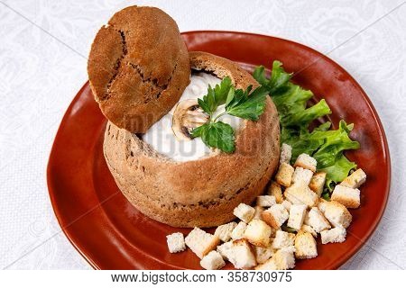 Mushroom Soup In A Bowl Of Bread