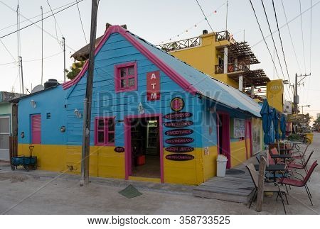 Holbox, Mexico-march 24, 2018: Colorful Caribbean Houses With Bars And Restaurants On Holbox Island,