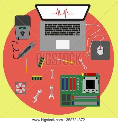Computer Repair. Computer Workshop. Computer Maintenance, Maintenance And Diagnostics Settings. Flat