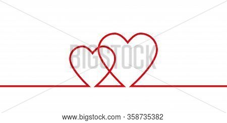 Continuous Line Drawing Of Two Hearts, Red And White Vector Minimalistic Illustration Concept Of Lov