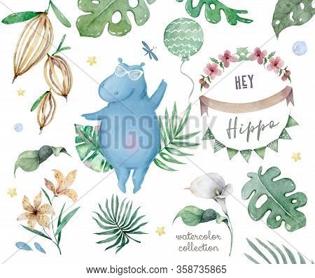 Hand Drawn Cute Isolated Tropical Summer Watercolor Hippo Animals. Two Hippopotamus Family Cartoon A