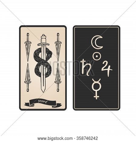 Sword Tarot Card Front And Back. Tarot Card With Snake Around Sword Vector Illustration.