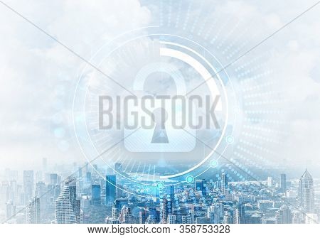Global Cybersecurity Mixed Media With Virtual Locking Padlock On Cityscape Background. Data Cryptogr