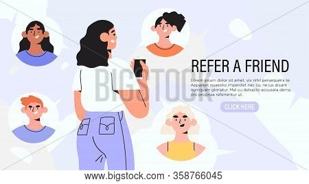Refer A Friend Concept With Woman Holding Smartphone With Her Friends Social Media Profile Pages Or 