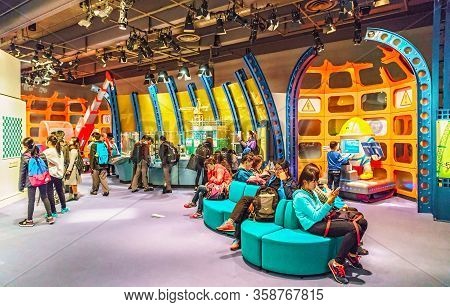 Hong Kong, China - January 20, 2016: Hong Kong Science Museum Interior View. People Watch Attraction