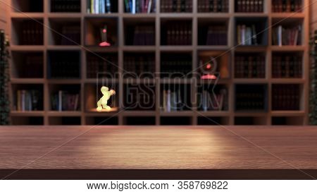 Wooden Empty Desk Front Of Black Bookshelf With Modern And Classic Books From Library Deep Of Field 