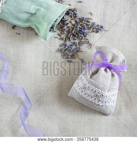 Small Linen Sack Filled With Dried Lavender Decorated With Lacework And Violet Ribbon Coqueand And O