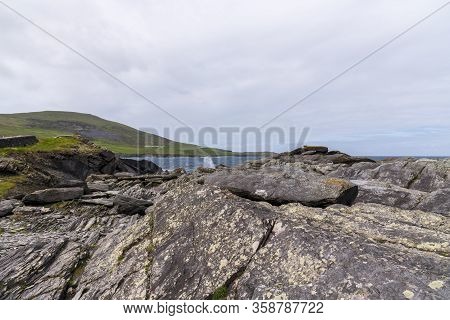 Beautiful Aerial View Of Valentia Island. Scenic Irish Countyside On A Dull Spring Day, County Kerry