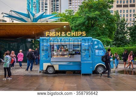 London, UK, Aug 2019, blue fish and chips van Citroën Type H on the South Bank