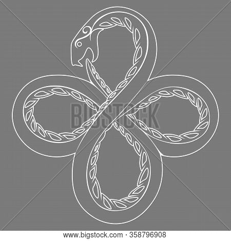 White Contour Illustration Of Occult Symbol Ouroboros Serpent On Grey Background