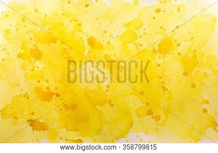 Yellow Watercolor Textures On White Paper Background. Paint Leaks And Ombre Effects. Hand Painted Ab
