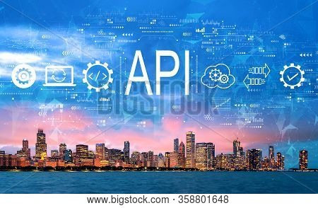 Api - Application Programming Interface Concept With Downtown Chicago Cityscape Skyline With Lake Mi
