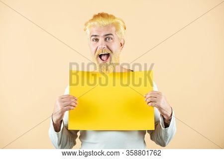Funny Business Man Showing Thumb Up Holds Sign Board. Businessman Holding A Blank Banner And Looking
