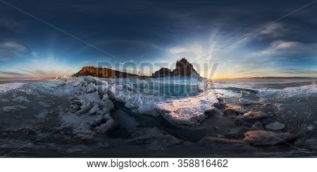 Big Cracks In The Ice Of Lake Baikal At The Shaman Rock On Olkhon Island. Spherical 360 Degree Vr Pa