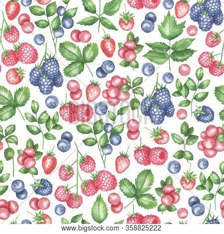 Seamless Pattern Depicting Berries And Leaves: Strawberries, Raspberries, Blackberries, Blueberries,