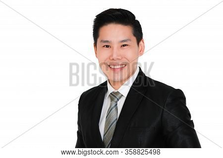 Young And Handsome Smiley And Friendly Face Business Asian Man Black Suit With Red Necktie Standing 