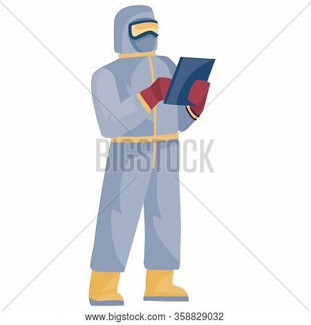 A Man In A Protective Suit And Mask Looks At The Evidence In The Folder, Pandemic, Quarantine, Isola