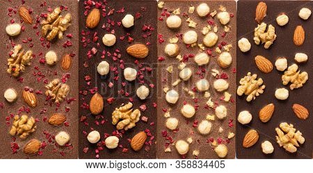 Variety Of Dark And Milk Chocolate Bars With Nuts Dried Fruits. Handmade Organic Chocolate. Close Up