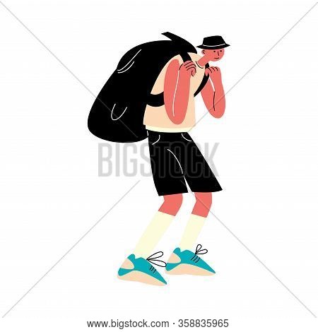 Young Man Traveler With Backpack Traveling Around World Vector Illustration
