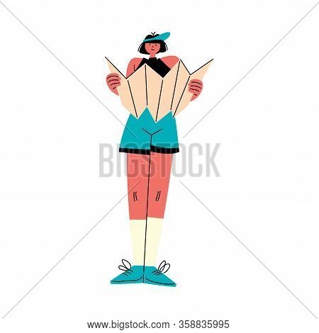 Young Girl Traveler Standing And Looking At Map Vector Illustration