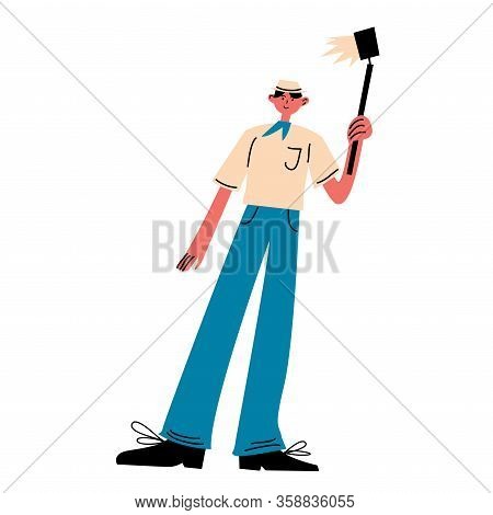 Young Man Traveler Standing And Making Selfie Vector Illustration