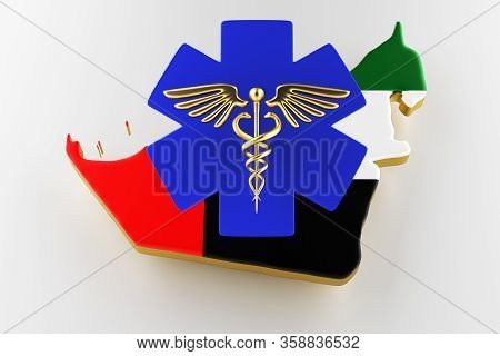 Caduceus Sign With Snakes On A Medical Star. Map Of Uae Land Border With Flag. Uae Map On White Back