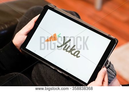 Bordeaux , Aquitaine / France - 11 25 2019 : Yuka Logo Sign Screen Tablet Mobile Application Scan Fo