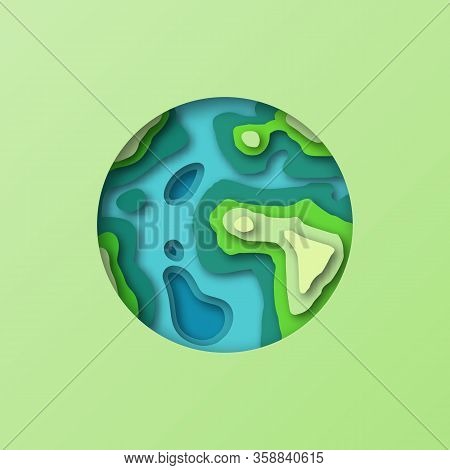 Earth Symbol In Paper Cut Style. Diy Stylized Eco Earth Planet Postcard Background. 3d Paper Cut Ast