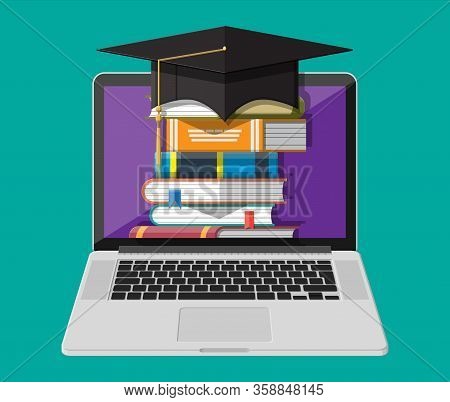Notebook, Hat And Stack Of Book. Online Education Concept. Distance Learning. Online Courses, Study 