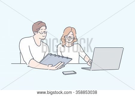Team, Coworking, Partnership, Discussion, Meeting Business Concept. Team Of Young Businesspeople Bus