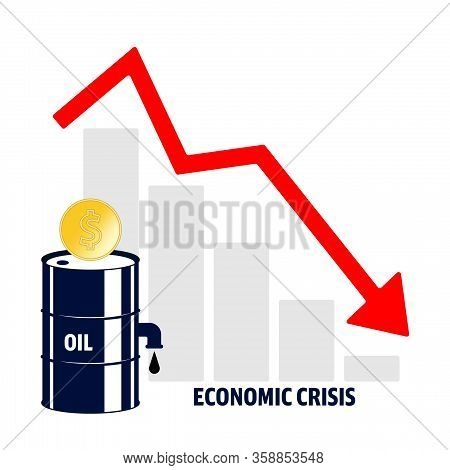 World Oil Crisis. Graph With Down Red Arrow, Halons With Oil And Dollar Sign