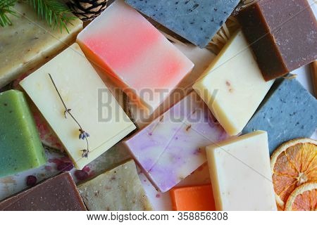 Colorful Handmade Soap Concept. Natural Handmade Soap On A Wooden Background.handmade Natural Eco So