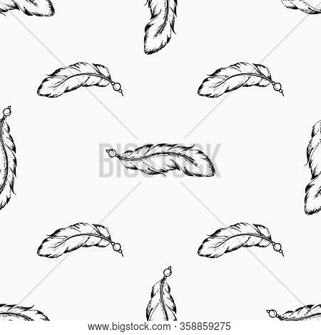 Seamless Pattern Of Feathers In Random Order. Hand Drawn Bird Plumes For Banner Design, Scrapbooking